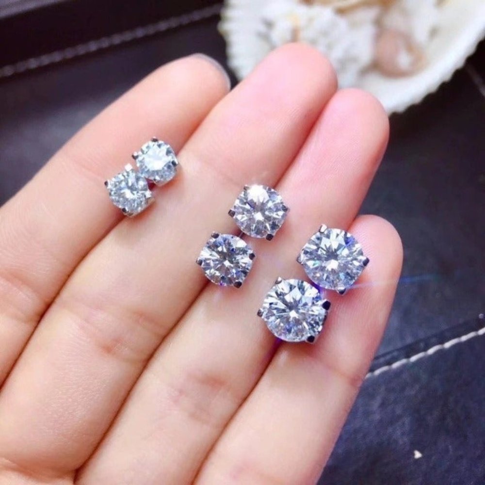 3 PAIR EARRING SET!!! 18K WHITE GOLD DIAMOND STUD EARRINGS/ Size 4MM/6MM/8MM